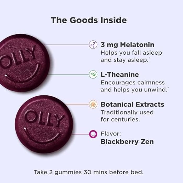 OLLY Sleep Gummy, 3 mg Melatonin, L-Theanine, Chamomile, and Lemon Balm Extracts, Blackberry Flavor, 30 Day Supply - 60 Count - Image 3