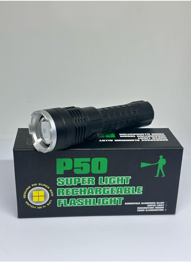 SHOPI P50 SUPER LIGHT RECHARGEABLE FLASHLIGHT Powerful Flashlights Super Bright P50 LED Rechargeable Flashlight, USB Zoomable Hand Torch Light  - Image 1