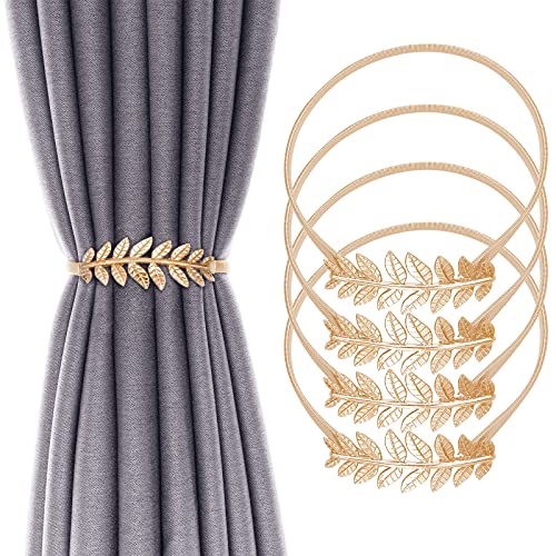 LLPMutu 4Pack Curtain Tiebacks Aluminum Alloy Spring Design Curtain Holdback Leaf Carving Design Curtain Ties for Drapes Curtain Ties Backs Curtain Modern Style Curtain Holdback Decor(Gold Leaf) - Image 1