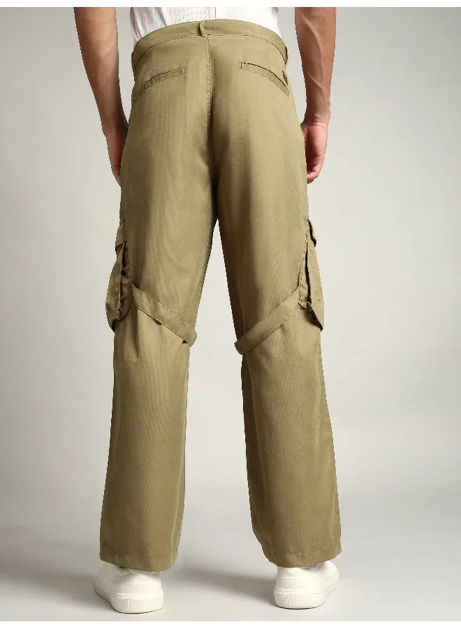 Beyoung Khaki Leather Drill Belted Cargo Pants