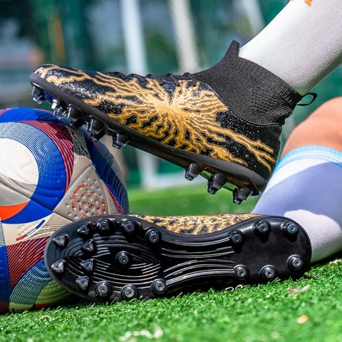 HRJR Kids Soccer Cleats Boys Girls Training Football Cleats Youth High-top Soccer Shoes for Little/Big Professional Athletic Outdoor Football Shoes Black 2.5 Big Kid - Image 2