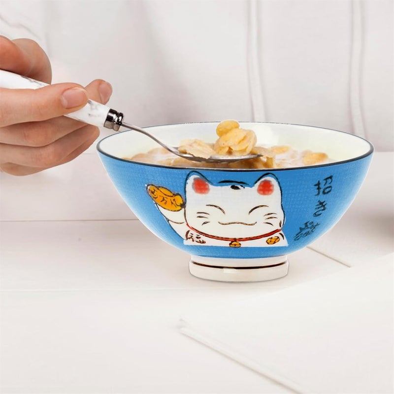 Fengshuibringluck 2PCS Cereal Bowls Soup Bowl Set 59 Ramen Bowls Large Soup Bowls Salad Bowls for Kitchen Luck Cat Maneki Neko Blue - Image 3