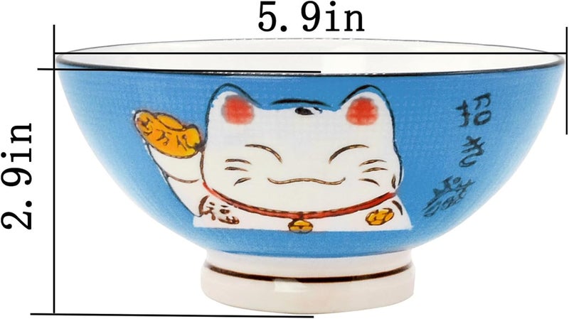 Fengshuibringluck 2PCS Cereal Bowls Soup Bowl Set 59 Ramen Bowls Large Soup Bowls Salad Bowls for Kitchen Luck Cat Maneki Neko Blue - Image 2