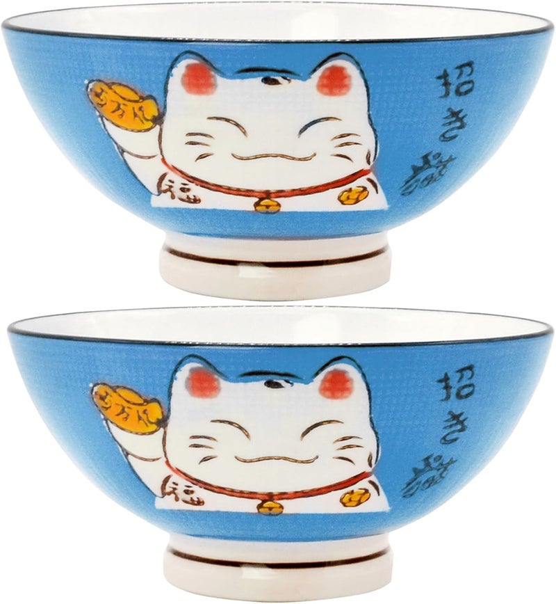 Fengshuibringluck 2PCS Cereal Bowls Soup Bowl Set 59 Ramen Bowls Large Soup Bowls Salad Bowls for Kitchen Luck Cat Maneki Neko Blue - Image 1