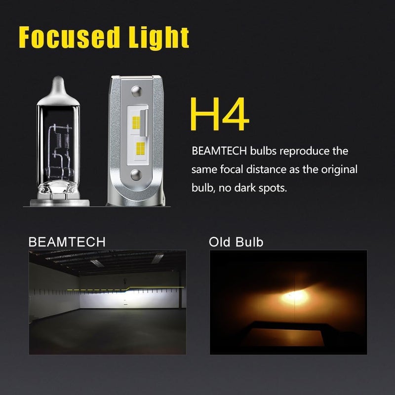 BEAMTECH H-4 Bulbs, S1 Series 900-3 Fanlsess 300% Brighter 6500K White Fog Light, 2 Bulbs - Image 3