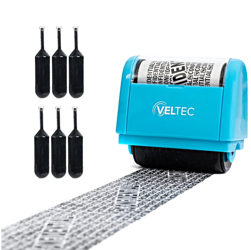 Veltec ID Protector Ink Roller Identity Theft Protection Roller Stamp Set Blue Stamp6 Refills