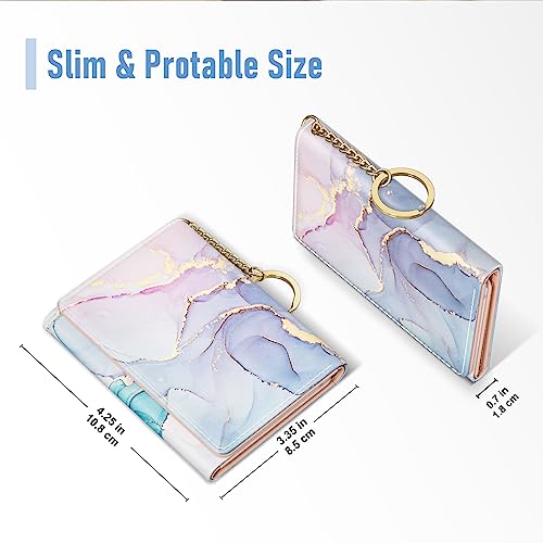 Rouidr Womens Wallet, Small Slim RFID Card Wallets for Women, Trifold Leather Clutch Card Organizer, Cute Front Pocket Purse with 7 Slots & ID Window & Keychain, Colorful Ink Marble - Image 2