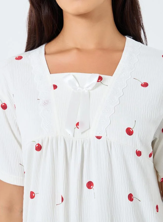 Take Two  Take Two Cherry Print Nightdress with Lace Bow Detail for Women | Best Price UAE