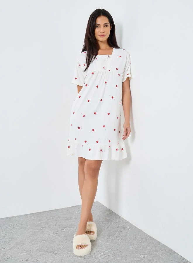 Take Two Take Two Cherry Print Nightdress with Lace Bow Detail