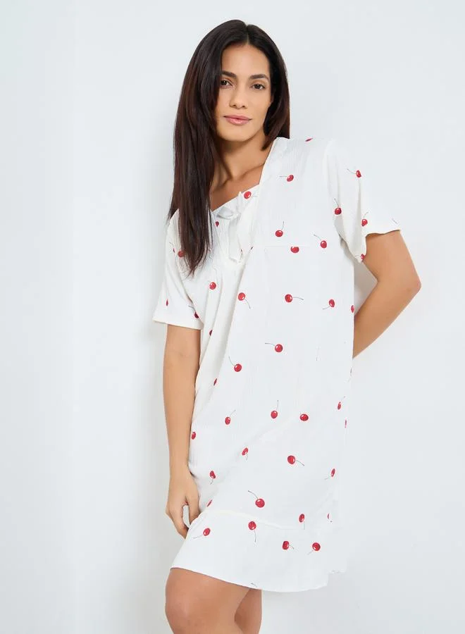 Take Two Take Two Cherry Print Nightdress with Lace Bow Detail