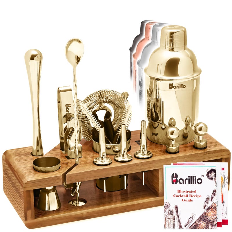 Barillio Gold Bartender Kit  StainlessSteel Cocktail Shaker Set wBamboo Stand  Mixology Bar Tools wDrink Shaker Mixer Spoon and Muddler for Cocktails  Home Bar Accessories  23Pc Bar Set