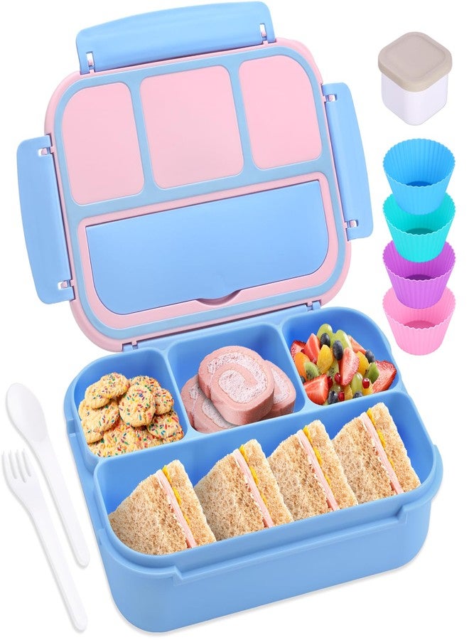shell and turtle Bento Box Adult Lunch Box, Lunch Containers for Kids Girls Boys with 4 Compartments, Lunchable Food Container with Utensils, Sauce Jar, Muffin Liners, 40 Oz/5 Cup, Blue Pink - Image 1
