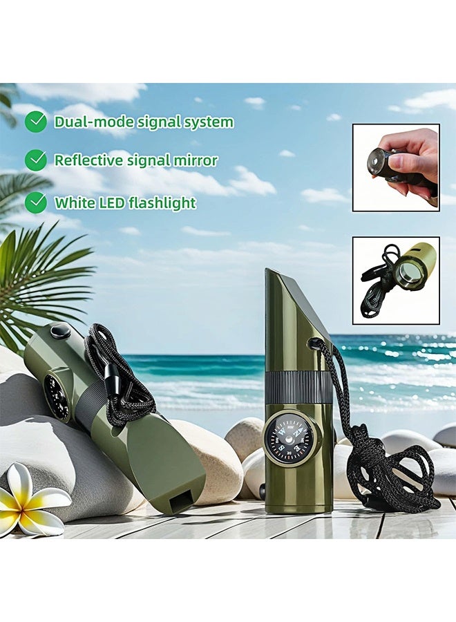 7-in-1 Multi-functional Emergency Survival Whistle Kit, 120dB Loud Outdoor Safety Whistle with Compass, Thermometer, LED Light, Signal Mirror, Fire Starter and Waterproof Case, Portable Gear for Hiking, Camping, Adventures and Water Safety - Image 2