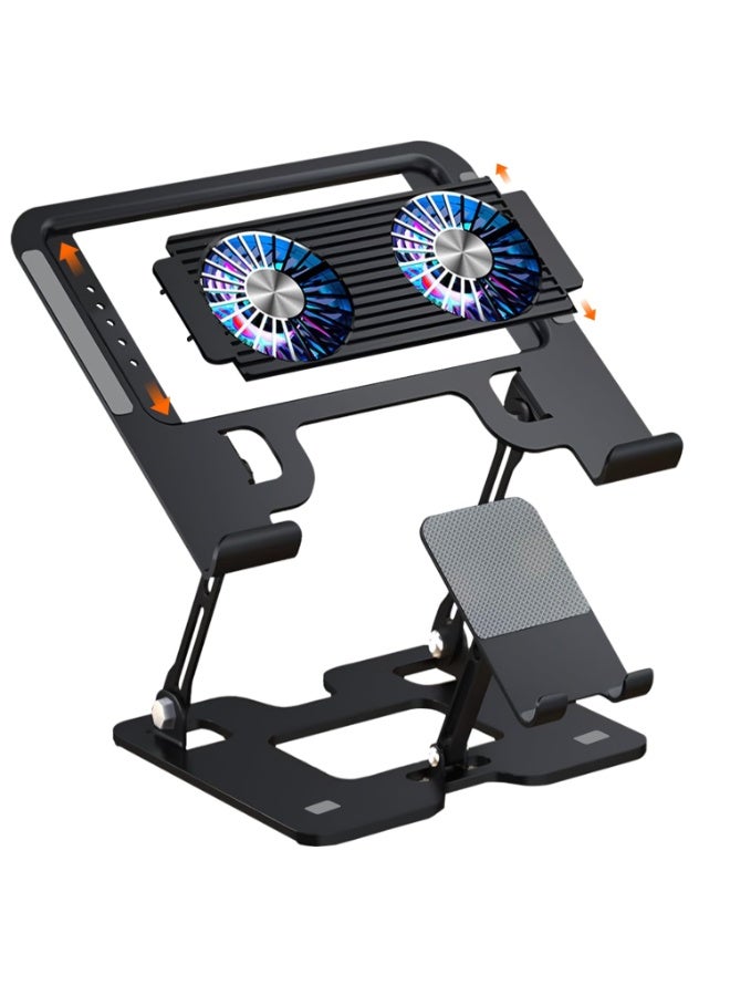 ELTRAZONE Foldable Metal Laptop Stand with Dual Cooling Fans, Adjustable Height & Angle, Ergonomic Portable Notebook Holder, Black - Image 1