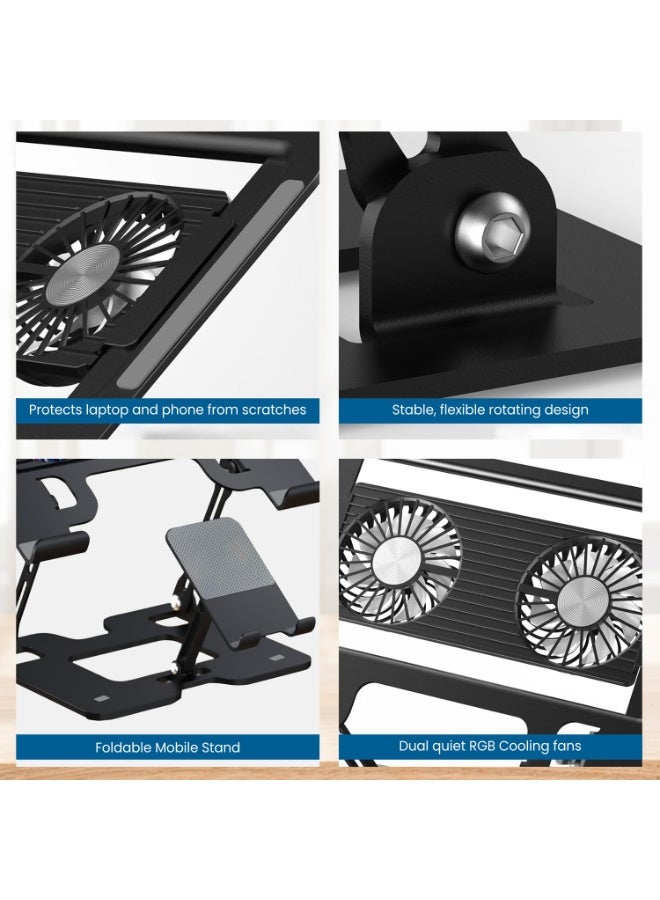ELTRAZONE Foldable Metal Laptop Stand with Dual Cooling Fans, Adjustable Height & Angle, Ergonomic Portable Notebook Holder, Black - Image 2
