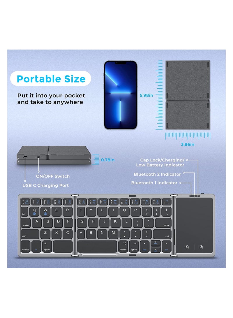 Upgrade Foldable Bluetooth Keyboard, Tri- Foldable Portable Wireless Keyboard with Touchpad, USB-C Rechargeable for iOS, Android, Windows System Laptop Tablet Smartphone Device (Grey) - Image 3