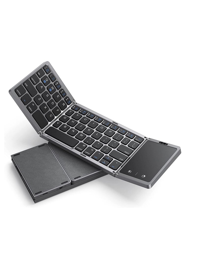 Upgrade Foldable Bluetooth Keyboard, Tri- Foldable Portable Wireless Keyboard with Touchpad, USB-C Rechargeable for iOS, Android, Windows System Laptop Tablet Smartphone Device (Grey) - Image 1
