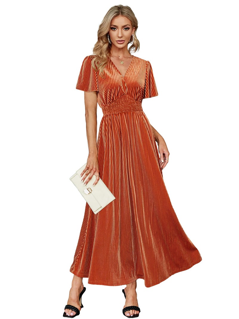 Simplee Apparel Simplee Womenâ€™s Short Sleeve Velvet Maxi Dress V Neck Formal Dress(M Burnt Orange) - Image 1