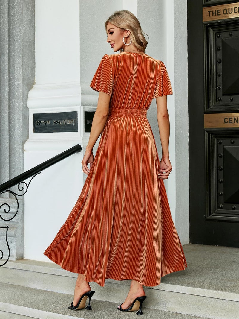 Simplee Apparel Simplee Womenâ€™s Short Sleeve Velvet Maxi Dress V Neck Formal Dress(M Burnt Orange) - Image 4