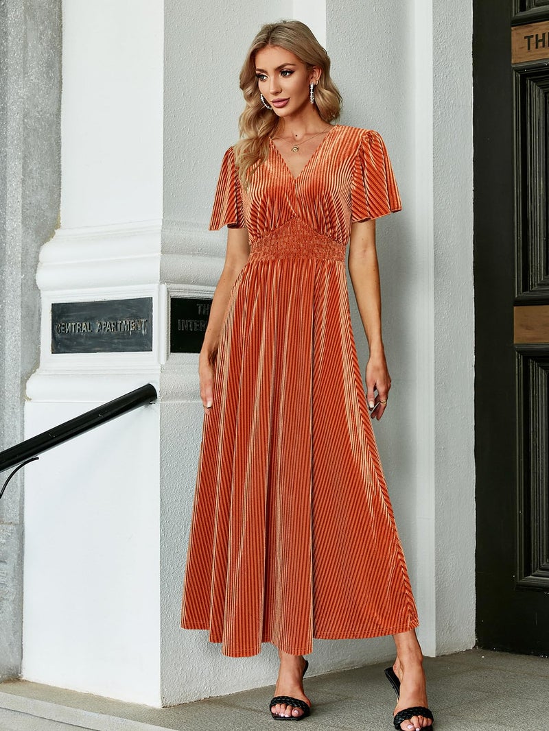 Simplee Apparel Simplee Womenâ€™s Short Sleeve Velvet Maxi Dress V Neck Formal Dress(M Burnt Orange) - Image 5