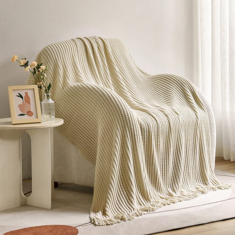 Blagic Knitted Throw Blanket for Couch Soft Farmhouse Throw Blanket with Tassels Home Decorative Lightweight Throw Blankets Camel Throws for Bed/Chair/Sofa  50"" W x 60"" L - Image 1