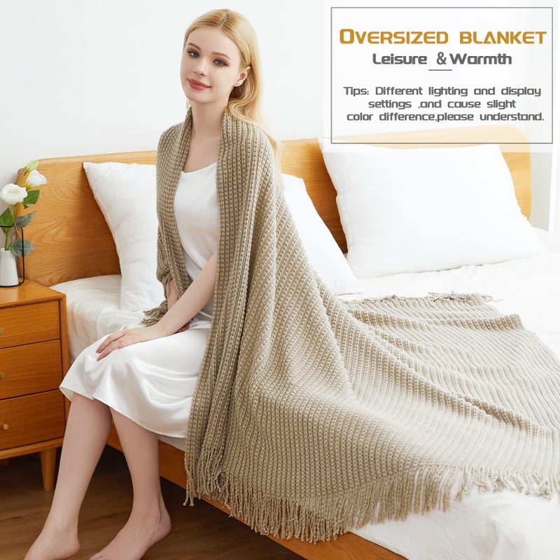 Blagic Knitted Throw Blanket for Couch Soft Farmhouse Throw Blanket with Tassels Home Decorative Lightweight Throw Blankets Camel Throws for Bed/Chair/Sofa  50"" W x 60"" L - Image 3