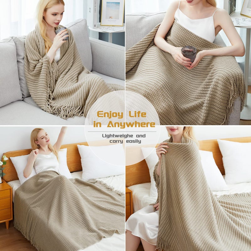 Blagic Knitted Throw Blanket for Couch Soft Farmhouse Throw Blanket with Tassels Home Decorative Lightweight Throw Blankets Camel Throws for Bed/Chair/Sofa  50"" W x 60"" L - Image 4
