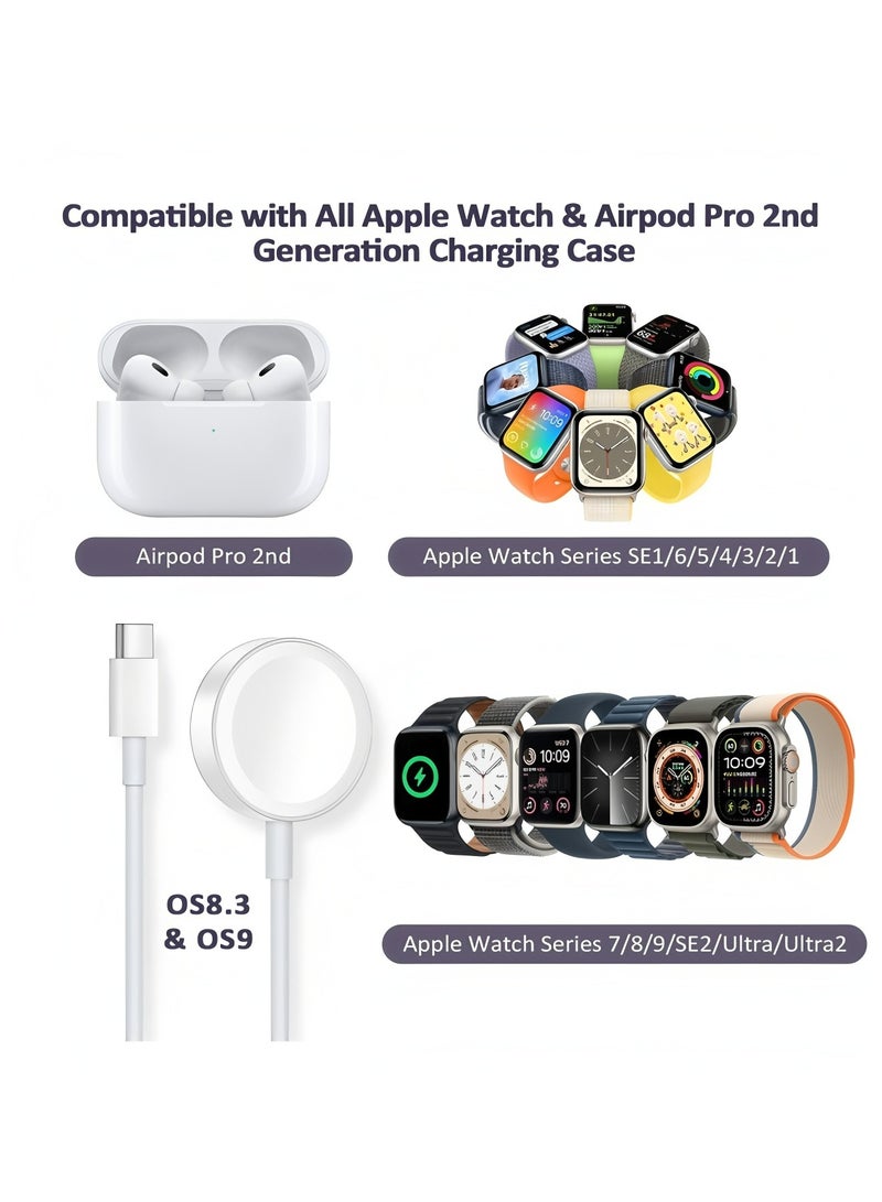 Apluynm Fast Charging USB C Watch Charger Cord Compatible for Apple Watch, Magnetic Watch Charging Cable Compatible for Watch Series 9/8/7/Ultra/Ultra2/SE2/6/5/4/3/2/1/SE1, Type C Cord, 1M - Image 2