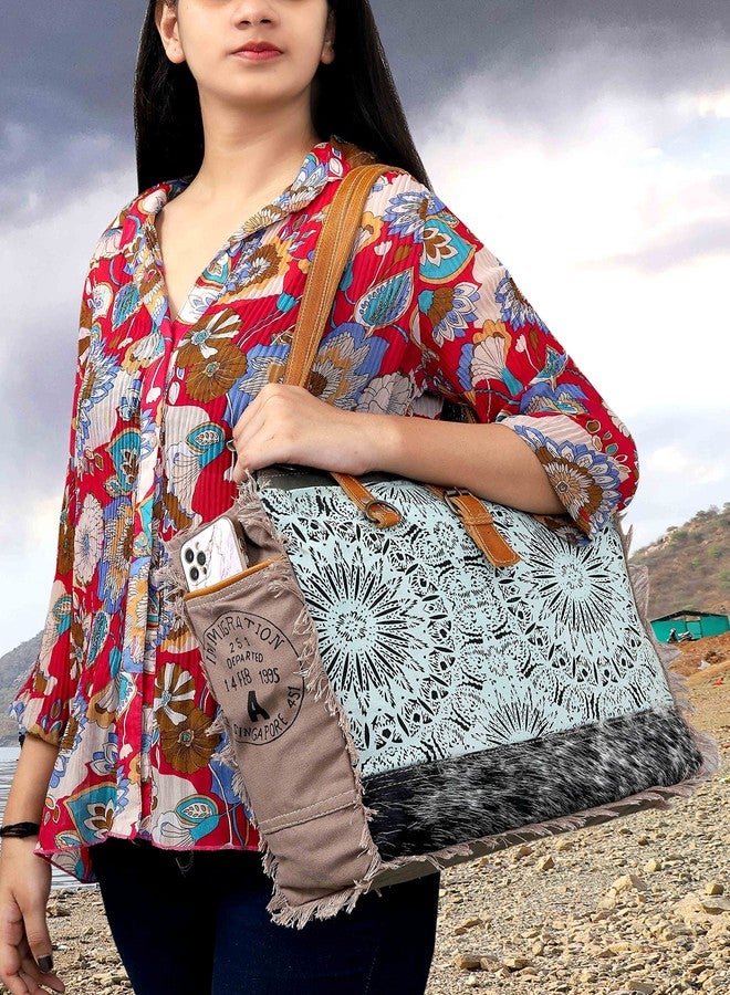CREATIVE LEATHER ART حقيبة قماشية كبيرة من CLA، متعددة الألوان، مصنوعة من جلد البقر مع قماش معاد تدويره، حقيبة يد نسائية - Image 2
