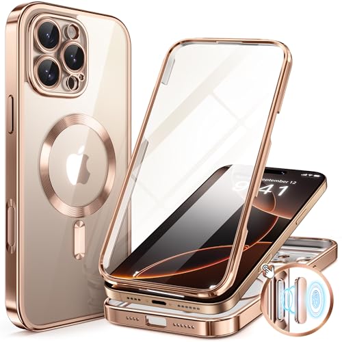 BERFY for iPhone 16 Pro Case Compatible with MagSafe Builtin Glass Screen Protector Camera Protection Shockproof Full Body Phone Case 63 Clear Plating Desert Gold - Image 1