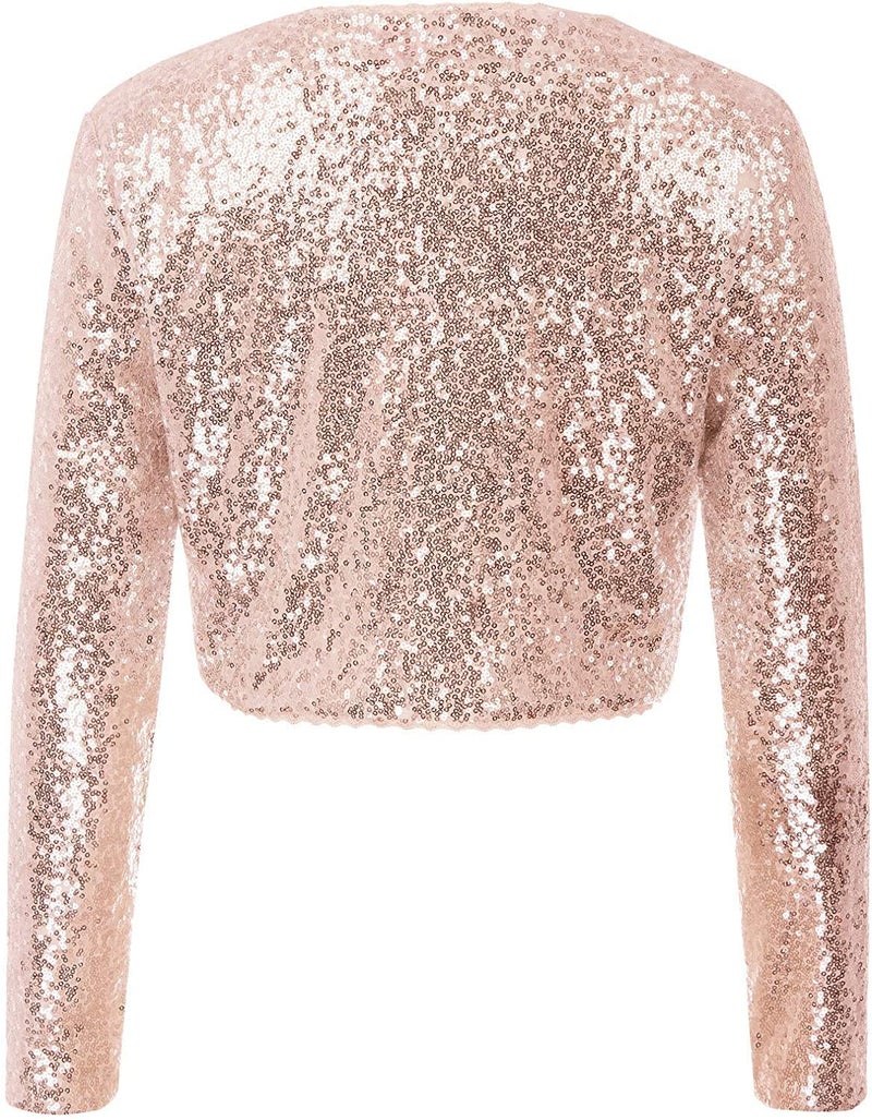 PINK WINGS Polyester Women's Sequin Jacket Long Sleeve Open Neck Glitter Cropped Blazer Bolero Shrug (Small, Rose Gold) - Image 2