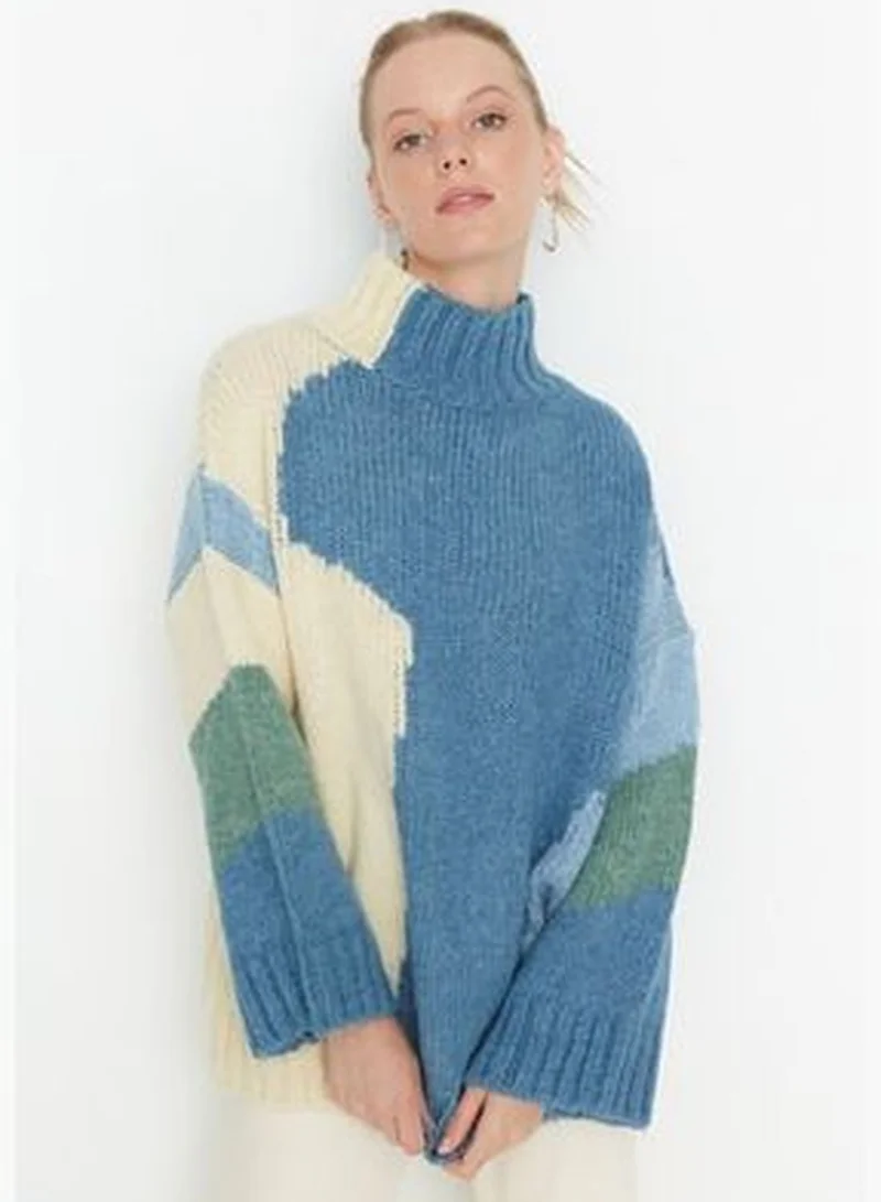 trendyol Blue Soft Textured Color Block Knitwear Sweater TWOAW20XS0047