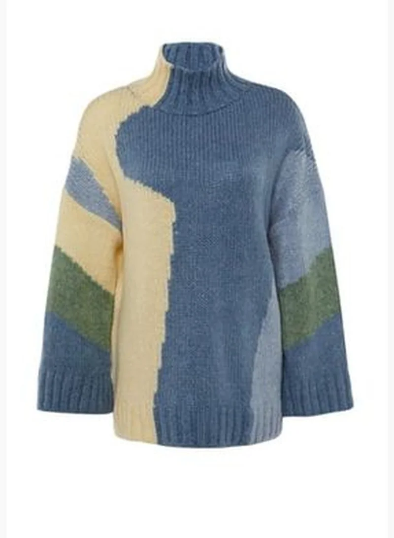 trendyol Blue Soft Textured Color Block Knitwear Sweater TWOAW20XS0047