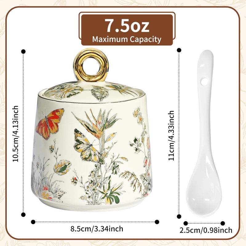 JUSONEY Ceramic Sugar Bowl with Lid and Spoon with Floral Pattern, Gold Trim - 7.5oz Elegant Sugar Jar with Lid and Spoon, Nordic Style for Kitchen, Dining, Cafe, Gift Idea (B) - Image 2