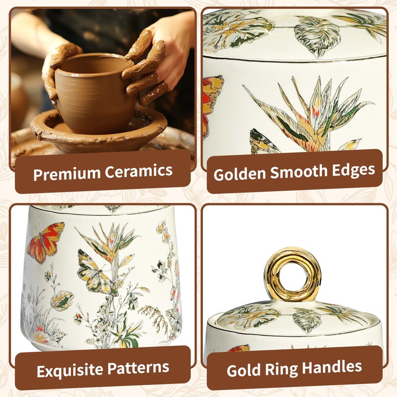 JUSONEY Ceramic Sugar Bowl with Lid and Spoon with Floral Pattern, Gold Trim - 7.5oz Elegant Sugar Jar with Lid and Spoon, Nordic Style for Kitchen, Dining, Cafe, Gift Idea (B) - Image 3