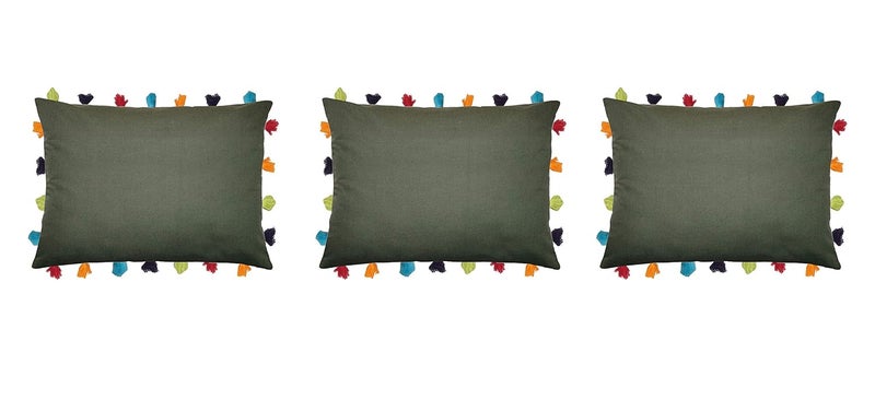 Lushomes Plain Cotton Cushion CoverPillow Cover 14 x 20 Set of 3 Olive Green - Image 1