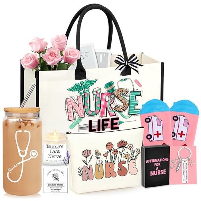 DOGMEM Nurse Gifts Nurse Appreciation Gift Set for Women Christmas Gifts for Nurses Week Nurses Graduation Gift for Nursing Student with Canvas Bag Socks Affirmations Cards 16 Oz Can Glass - Image 4