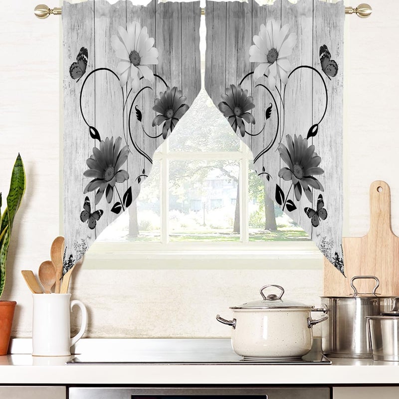 AAtter Black Floral Kitchen Valance Curtain for Window White Grey Flower Rustic Vintage Butterfly Daisy Small Short Swag Topper Bathroom Living Room Bedroom Decor Fabric 1 Pair 28 W x 36 L Cute - Image 2