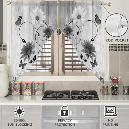 AAtter Black Floral Kitchen Valance Curtain for Window White Grey Flower Rustic Vintage Butterfly Daisy Small Short Swag Topper Bathroom Living Room Bedroom Decor Fabric 1 Pair 28 W x 36 L Cute - Image 3