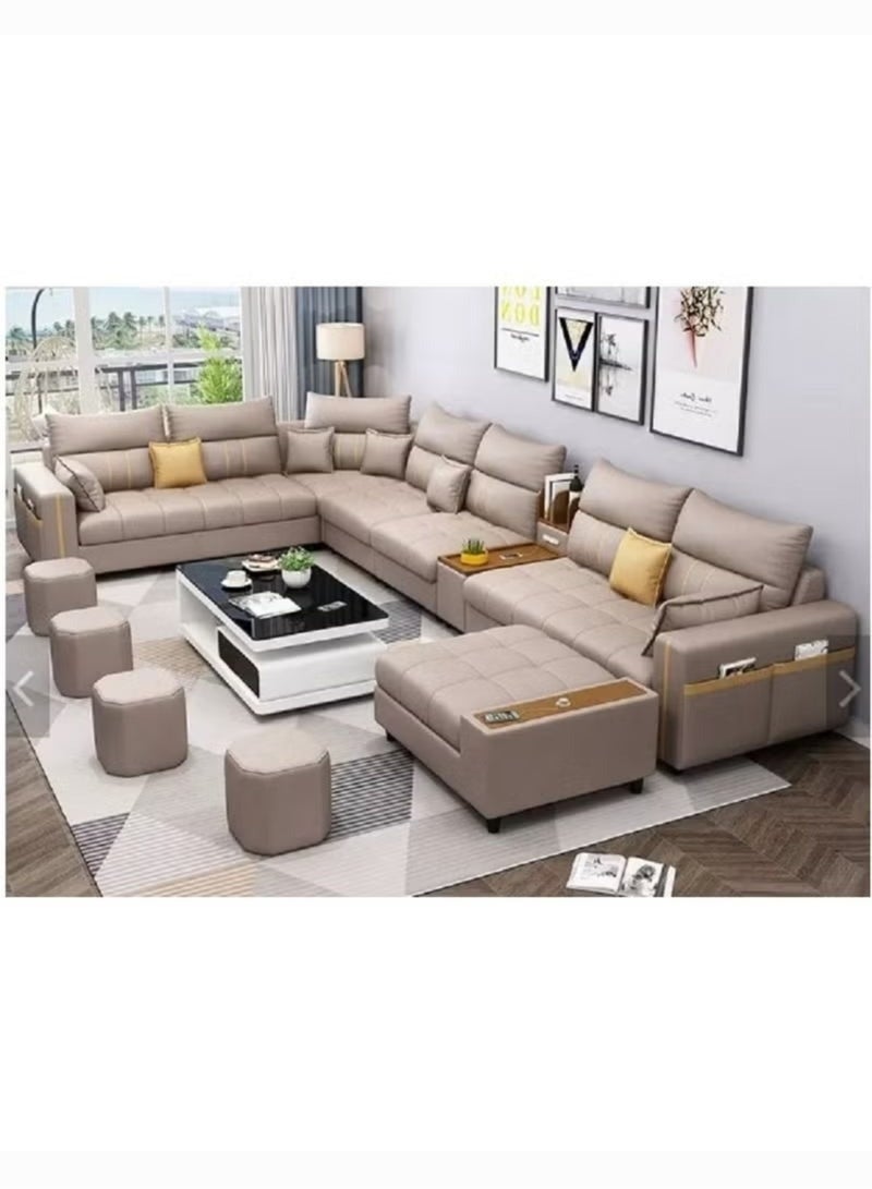 Al Zakharef Furniture Zahra Modern U-Shaped Sofa Set, 7 Seater PU Leather Sectional Couch with Chaise Lounge, Corner Living Room Furniture – Beige (389×231×86 cm) - Image 1