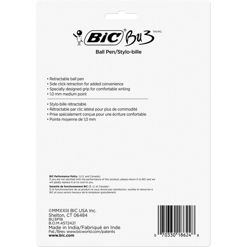 Bic قلم حبر جاف قابل للسحب BIC BU3 Grip، نقطة متوسطة (1.0 مم)، أسود، مقبض مريح لكتابة سلسة، 18 قطعة - Image 2