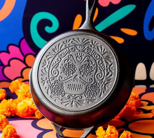Lodge 10.25 Inch Pre-Seasoned Cast Iron Stamped Skillet - Signature Teardrop Handle - Use in the Oven, on the Stove, on the Grill, or Over a Campfire - Sugar Skull - Image 2