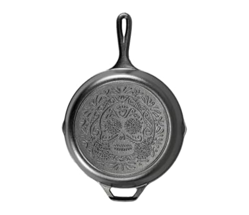 Lodge 10.25 Inch Pre-Seasoned Cast Iron Stamped Skillet - Signature Teardrop Handle - Use in the Oven, on the Stove, on the Grill, or Over a Campfire - Sugar Skull - Image 1
