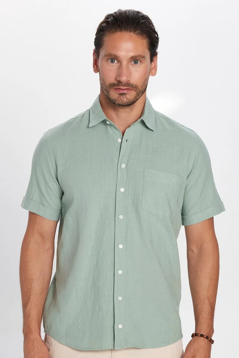 تودورس Classic Fit Short Sleeve Linen Cotton Men's Shirt with Pockets