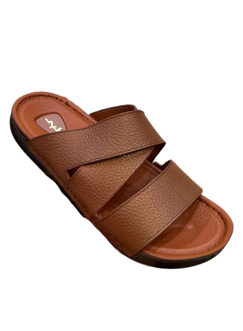 Hand Made "Men's Natural Leather Slippers; Handmade Men's Natural Leather Sandals with Leather Sole and Orthopedic Insole, Suitable for Those Suffering from Foot Pain-Light Brown - Image 1