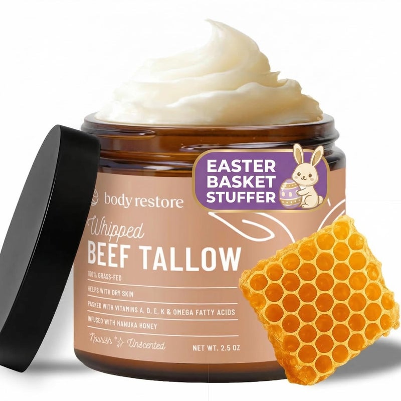 Body Restore Grass Fed Whipped Beef Tallow Balm for Face & Body â€“ Manuka Honey, Jojoba Oil, Cocoa Butter â€“ Deep Moisture for Dry, Cracked Skin â€“ Non-Greasy, Fast Absorbing â€“ Made in USA â€“ Unscented - Image 1