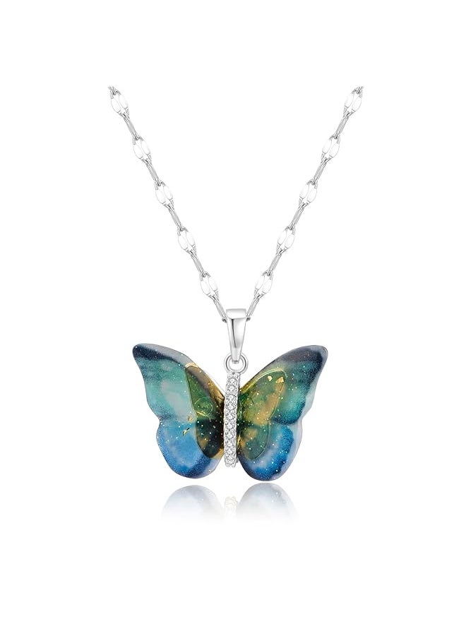 erorex - Butterfly Necklace For Women Fairy Cubic Zirconia Butterfly Pendant Necklaces Titanium Steel Silver Blue - Image 1
