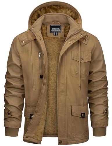 CRYSULLY Men's Winter Jacket Cotton Military Jackets Fleece Lined Thick Warm Cargo Coats Multi-Pocket Outwear with Hooded Khaki L - Image 1