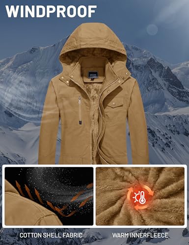 CRYSULLY Men's Winter Jacket Cotton Military Jackets Fleece Lined Thick Warm Cargo Coats Multi-Pocket Outwear with Hooded Khaki L - Image 4
