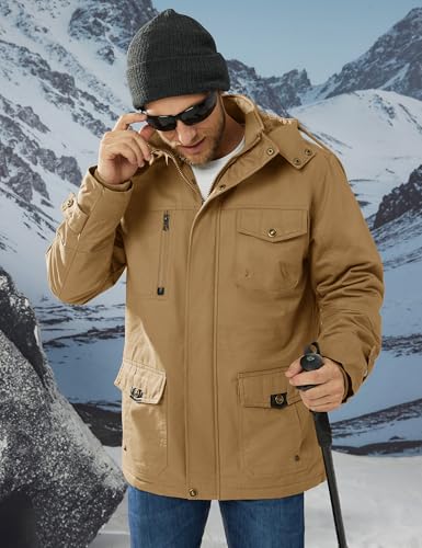CRYSULLY Men's Winter Jacket Cotton Military Jackets Fleece Lined Thick Warm Cargo Coats Multi-Pocket Outwear with Hooded Khaki L - Image 2